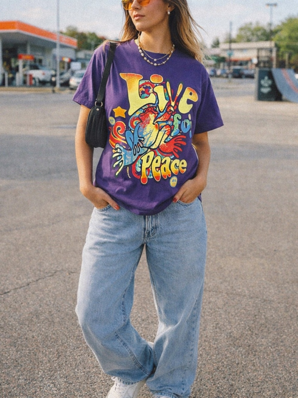 Peace Frogs Live for Peace Graphic Tee Purple Retro Y2K Hippie Shirt L